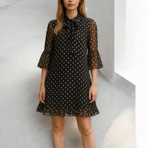 Calvin Klein Petite Tie-Neck Metallic Mini Shift Dress Black Gold 4P New